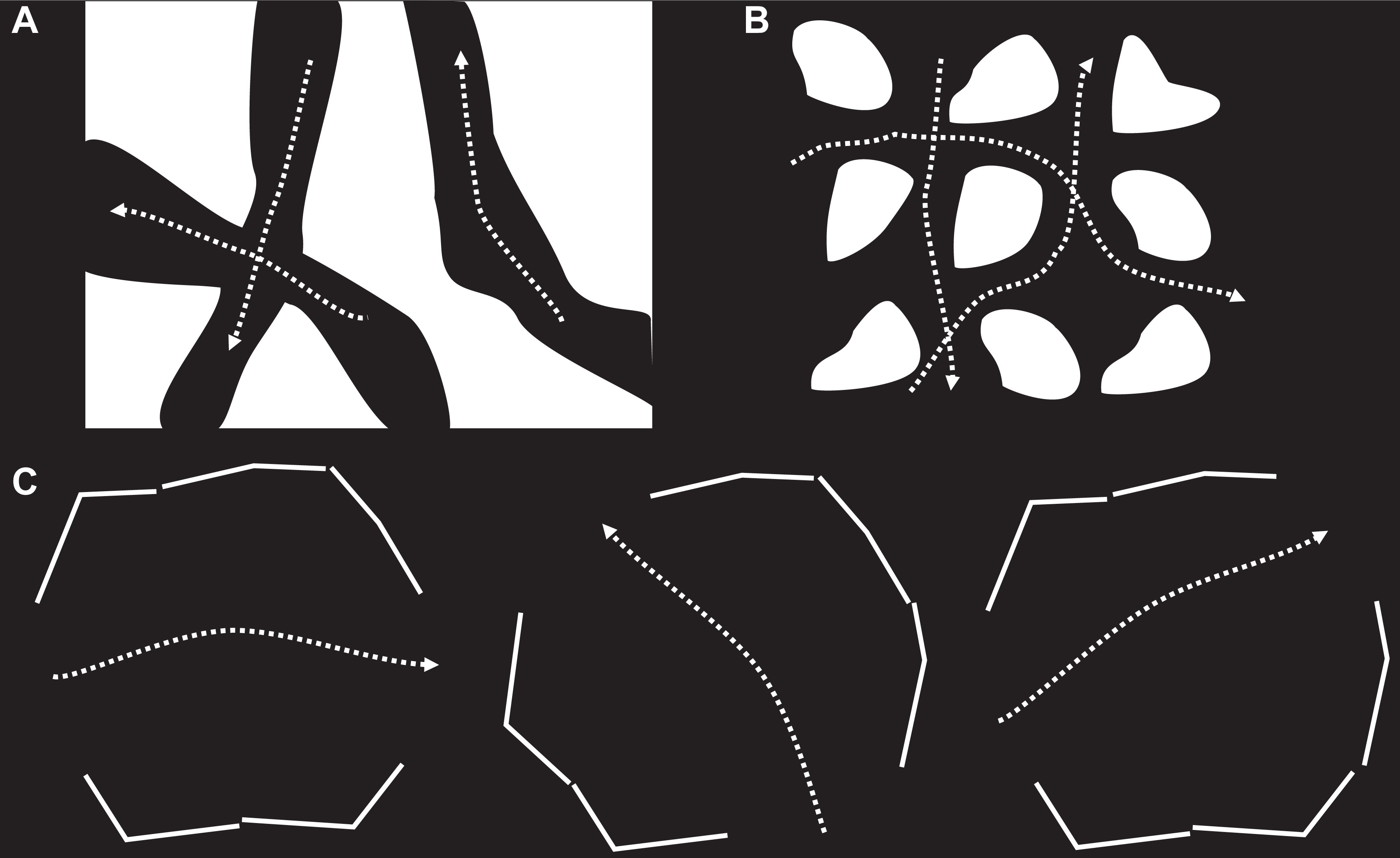 Schematic examples of possible conduction patterns through arrhythmogenic substrate in ventricular tachycardia and atrial fibrillation